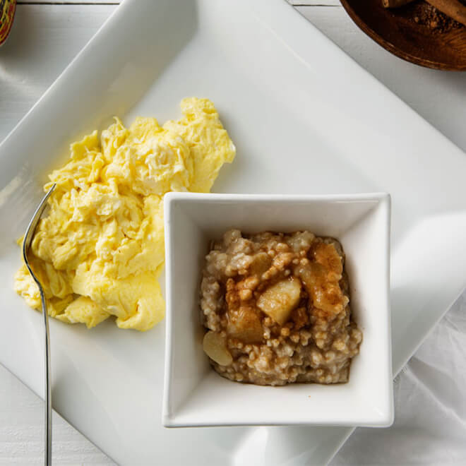 Baked Apple Pie Steel Cut Oatmeal with Scrambled Eggs