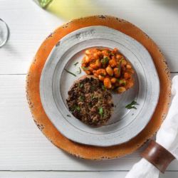 Grass-Fed Bison Burger with Tomato Braised White Beans
