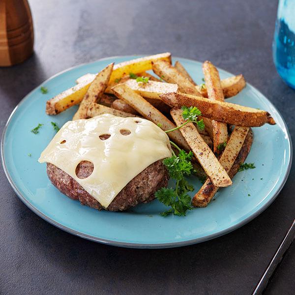 Grass-Fed Bison Swiss Cheeseburger with Salt and Vinegar Fries