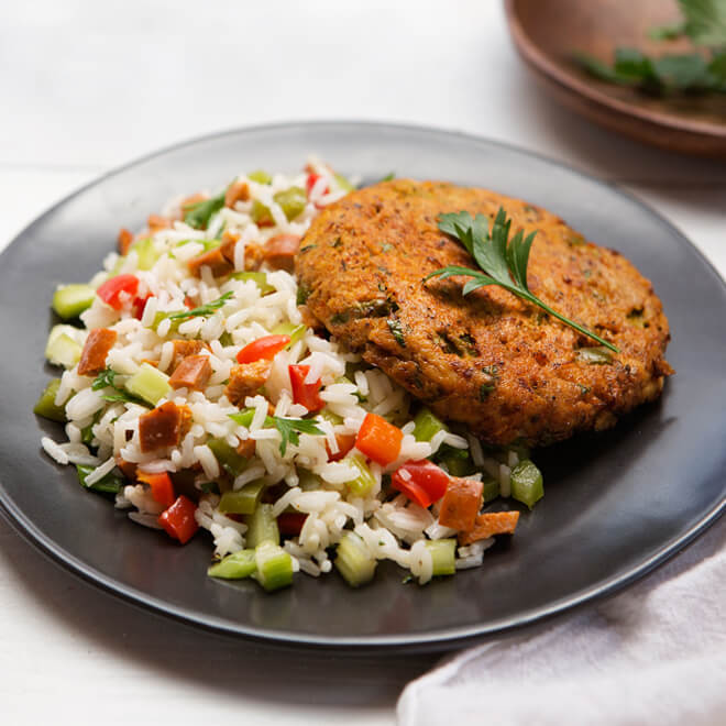 Blackened Wild-Caught Mahi Cake and Organic Creole Rice