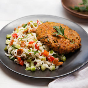 Blackened Wild-Caught Mahi Cake and Organic Creole Rice