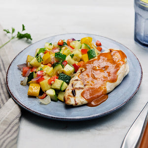 Carolina Gold BBQ Chicken with Sauteed Squash, Red Peppers and Onions