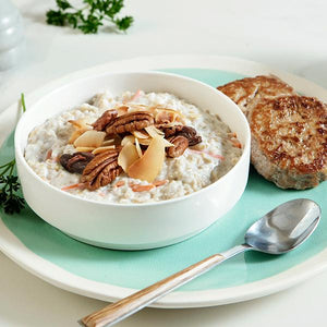 Carrot Cake Oatmeal and Free Range Turkey Breakfast Sausage Patties