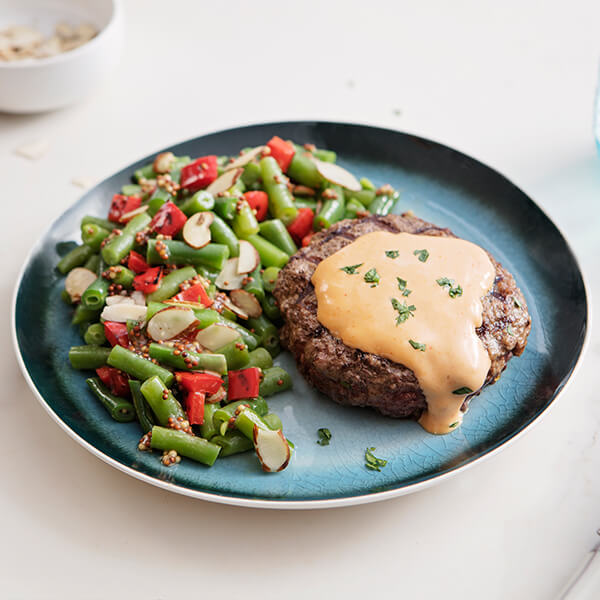 Chipotle Aioli Grass-Fed Bison Burger with Mustardy Green Beans, Peppers and Almonds