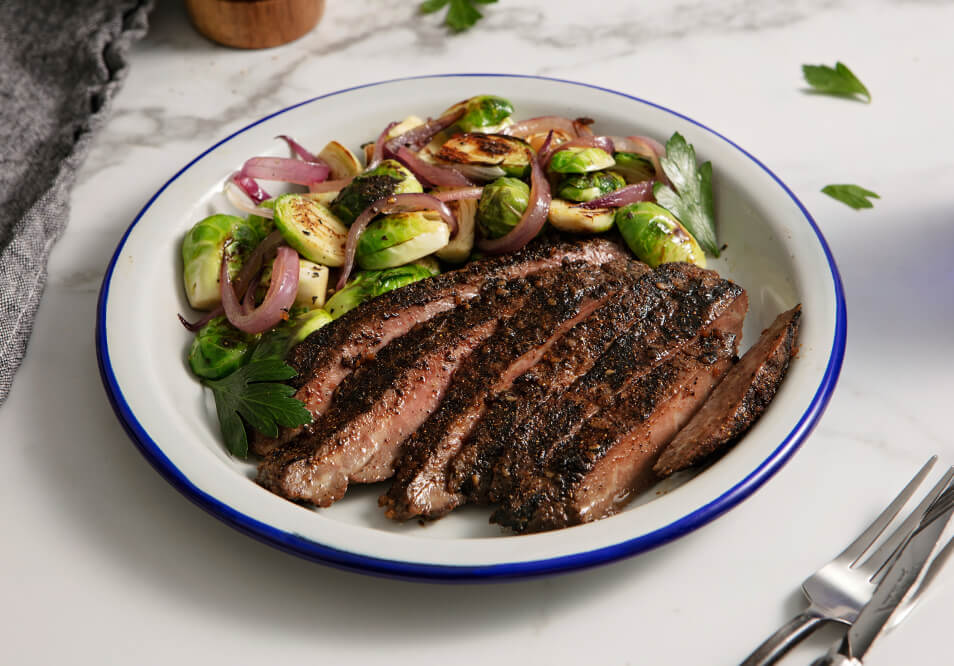 Coffee Rubbed Steak with Brussel Sprouts and Caramelized Onions