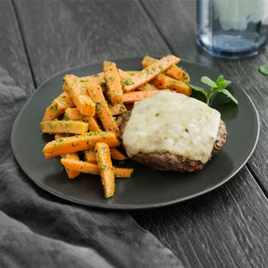 Grass-Fed Beef Burger, Pepper Jack Cheese and Southwest Pistachio Carrots