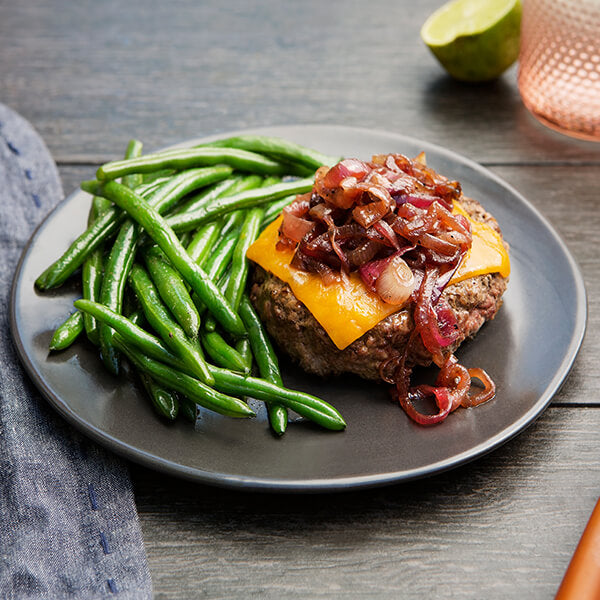 Grass-Fed Beef Burger with Cabernet Onions, Wisconsin Cheddar and Green Beans