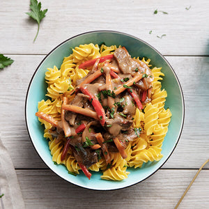 Grass-Fed Steak Stroganoff over Super Grain Rotini Pasta - fit base is 11, perf base is 17