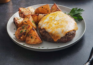 Grass Fed Beef Burger with Colby Jack and Seasoned Potato Wedges