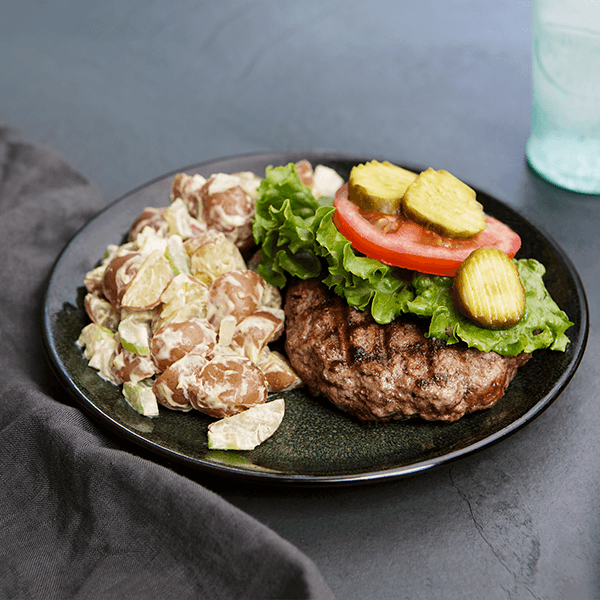 Grilled Grass-Fed Beef Burger with Perfect Potato Salad