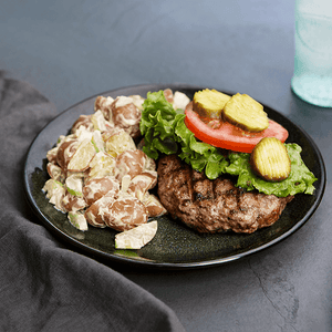 Grilled Grass-Fed Beef Burger with Perfect Potato Salad