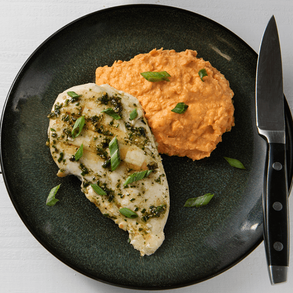 Grilled Spice Rubbed Chicken Breast and Roasted Red Pepper Hummus