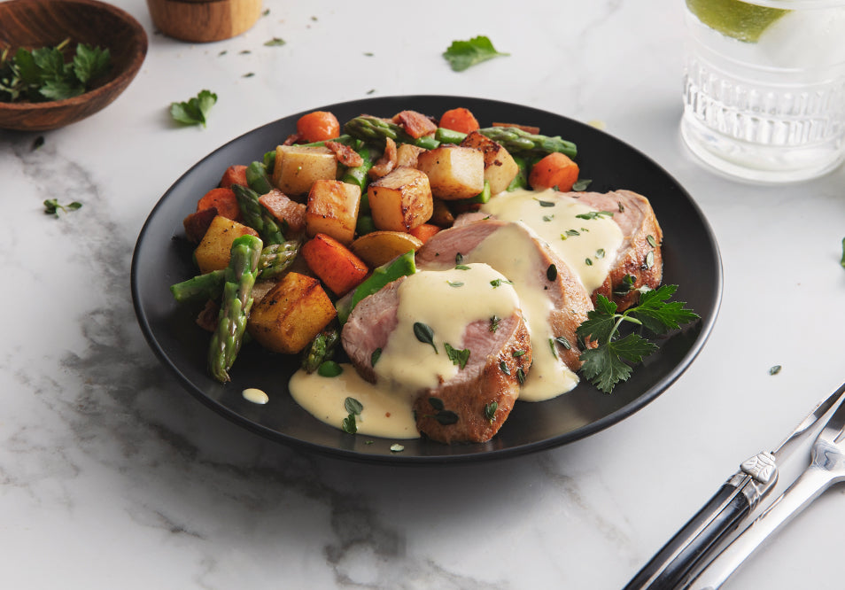 Heritage Pork Tenderloin with Citrus Butter Sauce and Bacon Thyme Vegetable Sauté