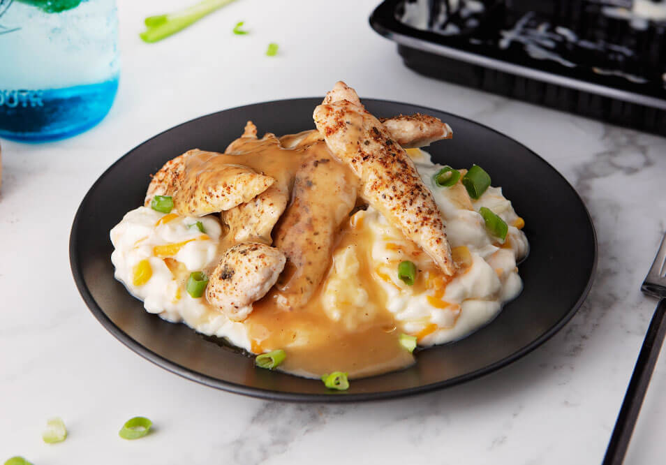 Homestyle Chicken Tenders with Cheesy Cheddar Mashed Cauliflower, Organic Corn and Gravy