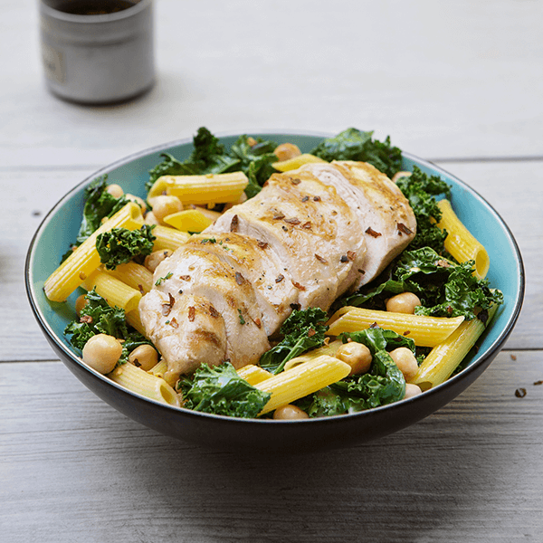 Grilled Chicken and Penne Pasta with Shredded Kale, Garbanzo Beans, Lemon and Garlic