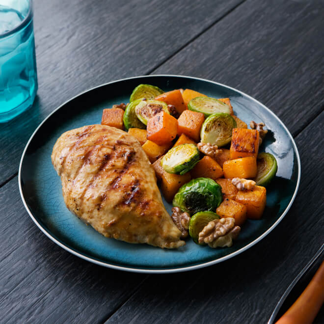 Maple Mustard Chicken with Brussels Sprouts, Butternut Squash and Walnuts