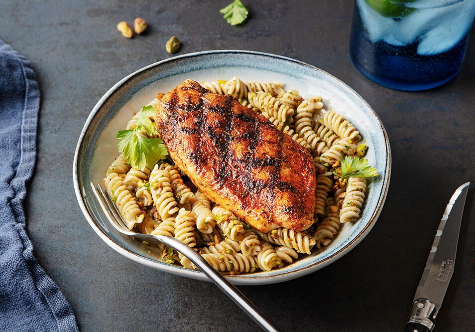 Organic Gluten-Free Pasta, Blackened Chicken Breast and Pistachio Pesto