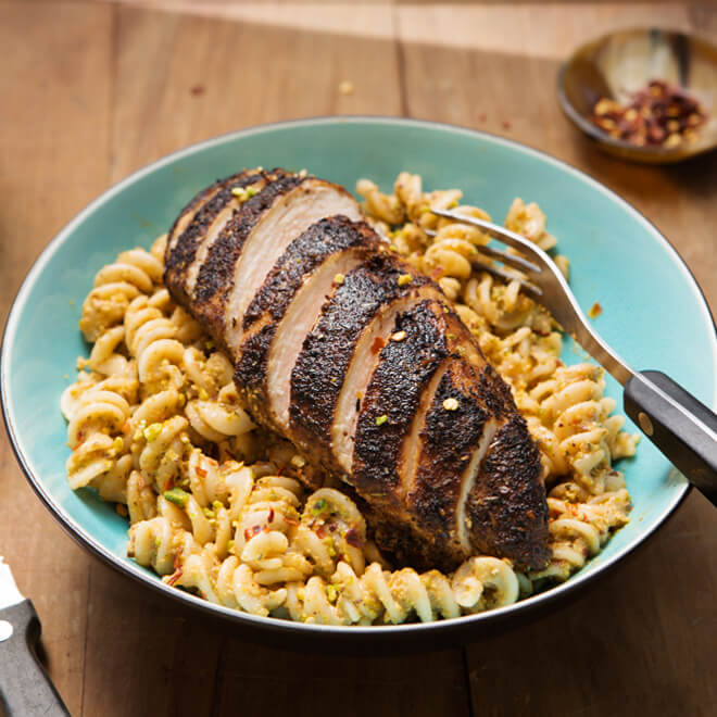 Organic Supergrain Pasta, Blackened Chicken Breast and Pistachio Pesto