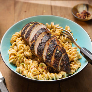 Organic Supergrain Pasta, Blackened Chicken Breast and Pistachio Pesto
