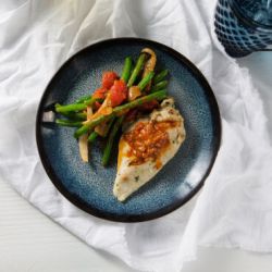 Oven Roasted Chicken Breast with Romesco Butter Green Beans Tomato  Sweet Onion