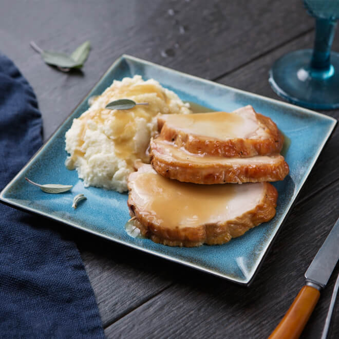 Oven Roasted Turkey Breast with Shallot Porcini Gravy and Herbed Mashed Cauliflower