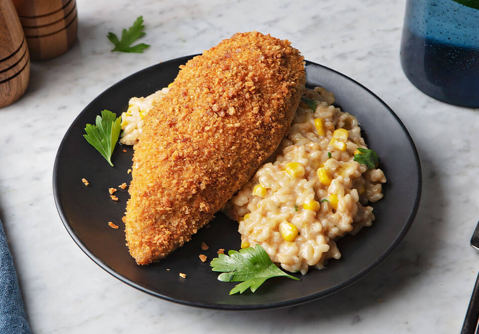Panko-Crusted Chicken Breast with Sweet Corn Risotto