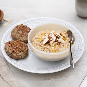 Peaches and Cream Steel Cut Oatmeal with Breakfast Sausage Patties