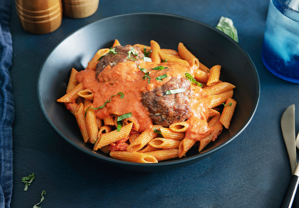 Penne Alla Vodka with Grass-Fed Italian Beef Meatballs