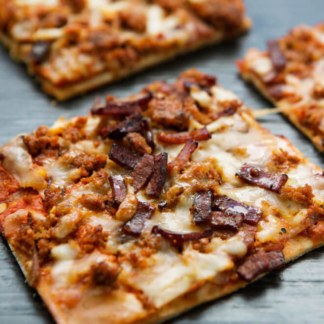 Peppered Turkey Bacon and Italian Sausage Breakfast Pizza