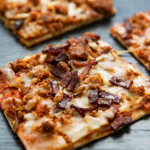 Peppered Turkey Bacon and Italian Sausage Breakfast Pizza