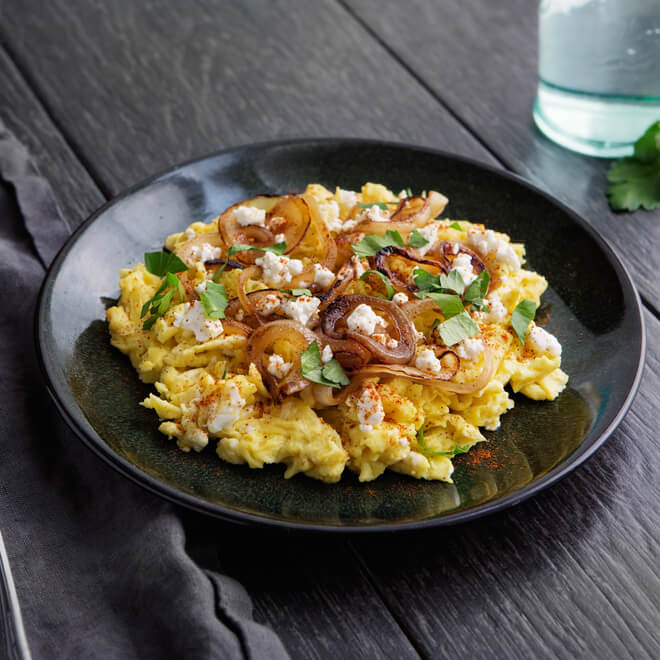 Scrambled Eggs and Caramelized Onions with Goat Cheese