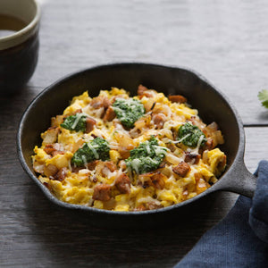 Scrambled Eggs with Chorizo, Aged White Cheddar and Cilantro