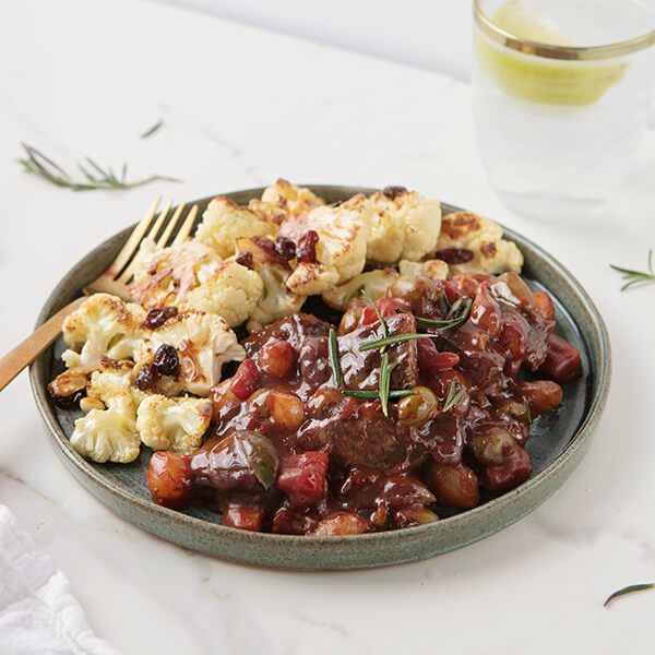 Sicilian Grass-Fed Beef Stew with Roasted Cauliflower, Raisins and Pine Nuts