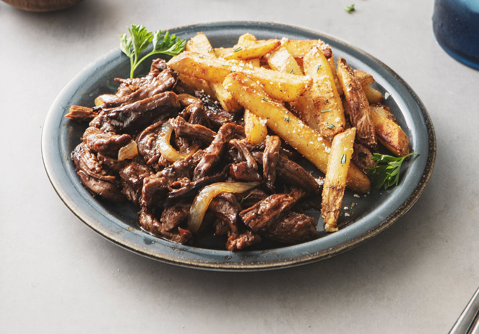 Steakhouse Shredded Grass-Fed Beef with Garlic Roasted Yukon Gold Fries