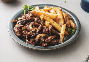 Steakhouse Shredded Grass-Fed Beef with Garlic Roasted Yukon Gold Fries