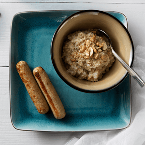 Toasted Coconut and Cashew Rice Pudding with Breakfast Sausage