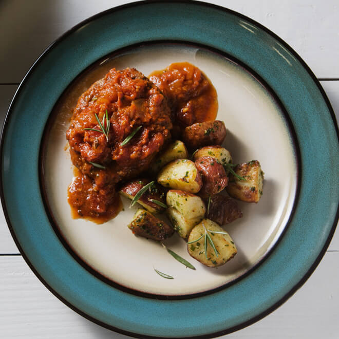 Tomato Braised Grass-Fed Swiss Steak with Roasted New Potatoes