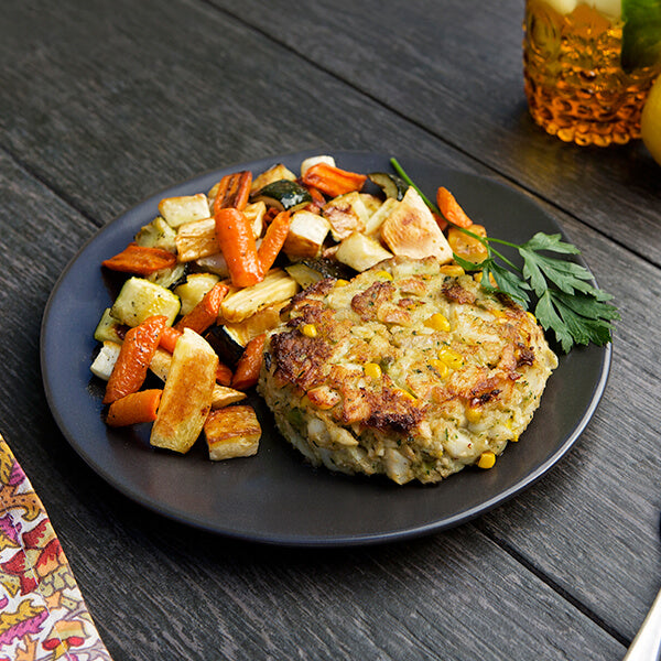 Wild-Caught Cod and Corn Cakes with Roasted Root Vegetables