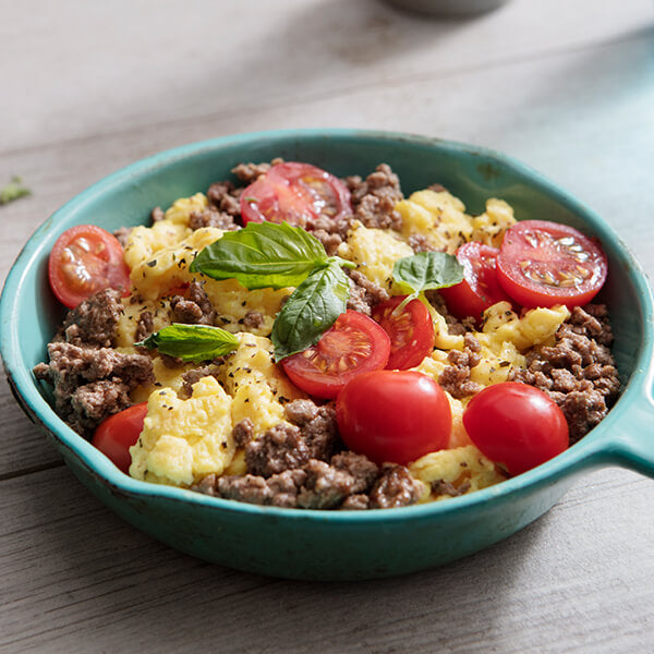 Grass-Fed Beef and Tomato-Basil Breakfast Scrambler
