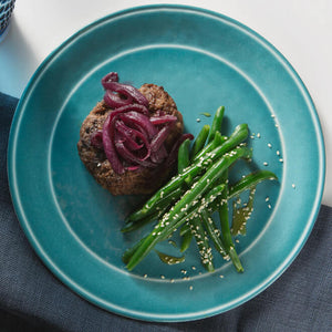 Grass-Fed Bison Burger with Red Wine Onions and Aged White Cheddar with Southern Green Beans