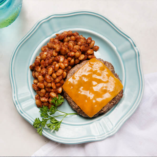 Cheddar Grass-Fed Beef Burger and Boston Baked Beans