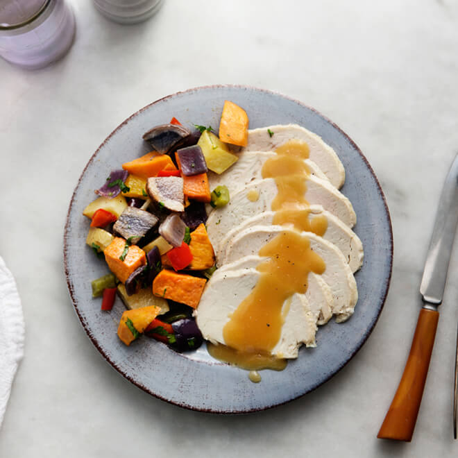 Sliced Turkey, Savory Herb Gravy and Roasted Potato Trio