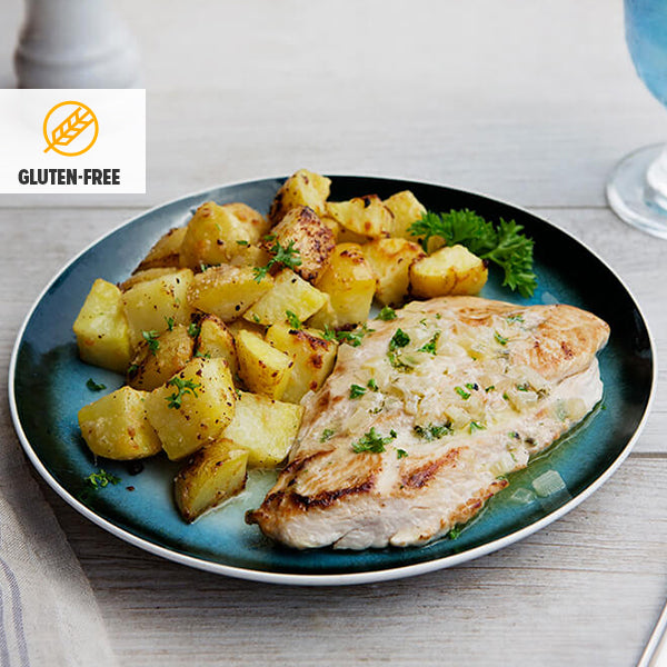 Turkey Cutlet and White Wine Sauce with Parmesan Roasted Yukon Gold Potatoes